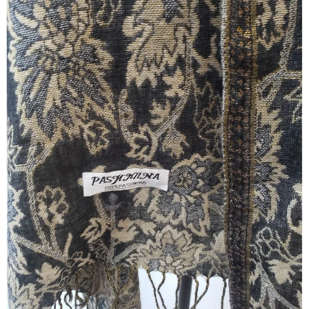 Pashmina Floral Paisley Scarf Shawl Wrap Women OS Black Gold Metallic Fringe